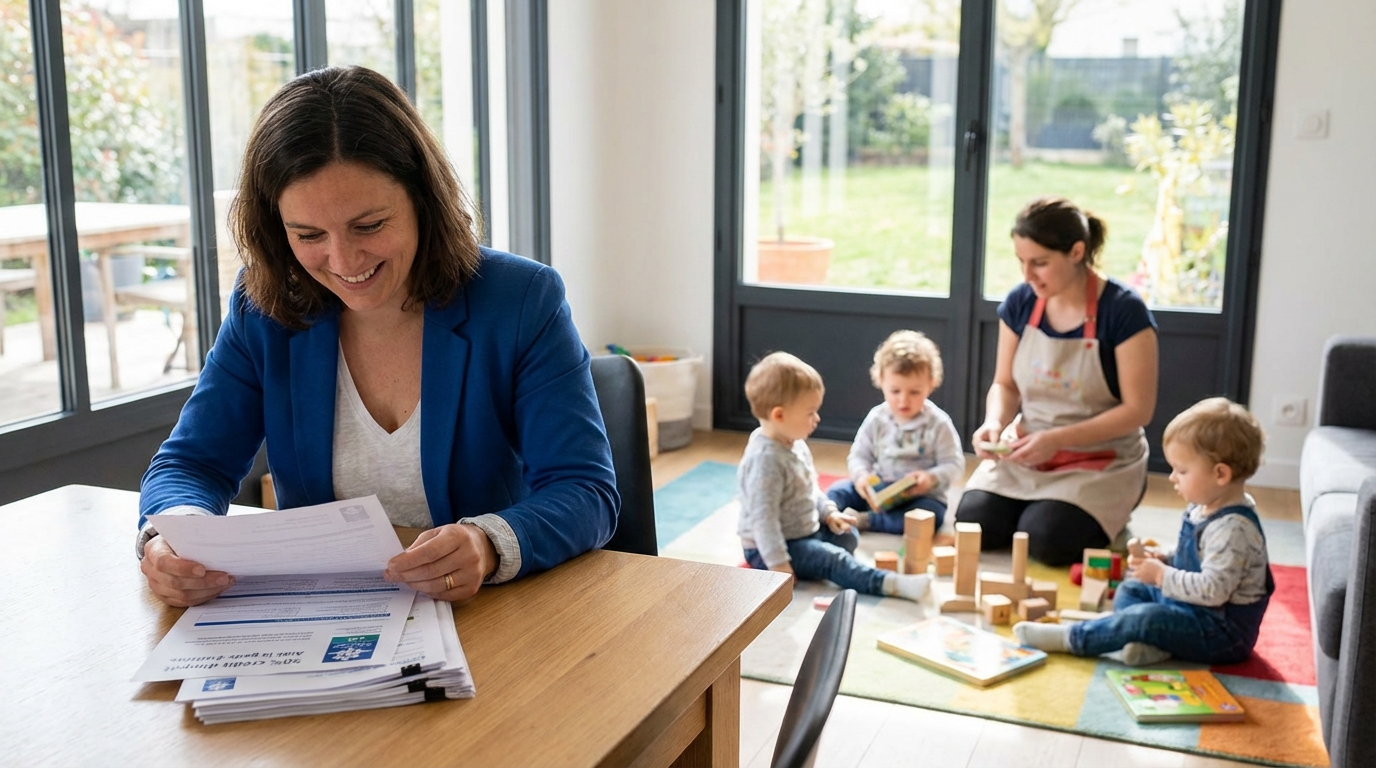 nounou garde des enfants à domicile et maman consulte des documents CAF avec sérénité